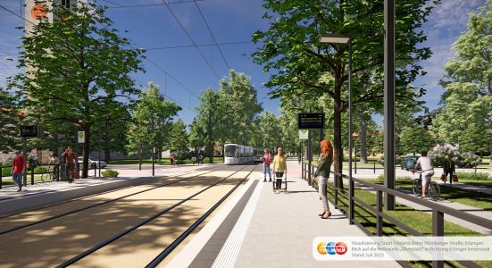 Visualisierung der Stadtumlandbahn: Blick auf die Haltestelle „Ohmplatz“ in Richtung Erlanger Innenstadt