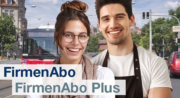 FirmenAbo und FirmenAbo Plus junge Frau und ein junger Mann, im Hintergrund ein Bus und der Westtorgarben