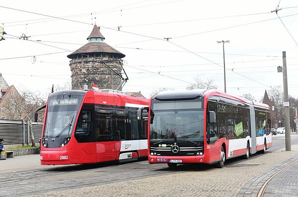 Straßenbahn und eBus nebeneinander