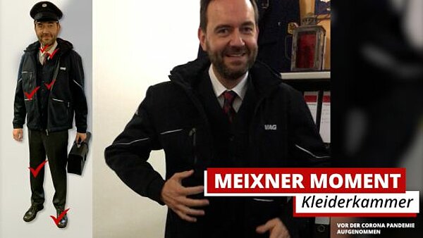 Stefan Meixner in der VAG-Kleiderkammer mit Busfahrer-Outfit