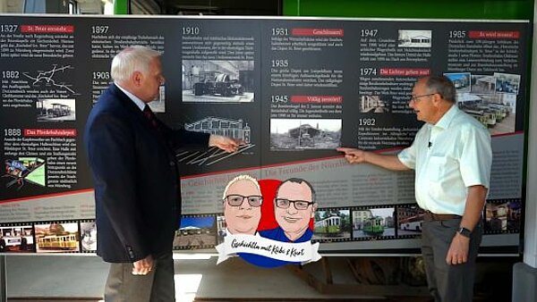 Thomas Kübler und Kurt Gottschalk vor einer Tafel zur Geschichte des Depots St. Peter in der Ausstellung vor Ort