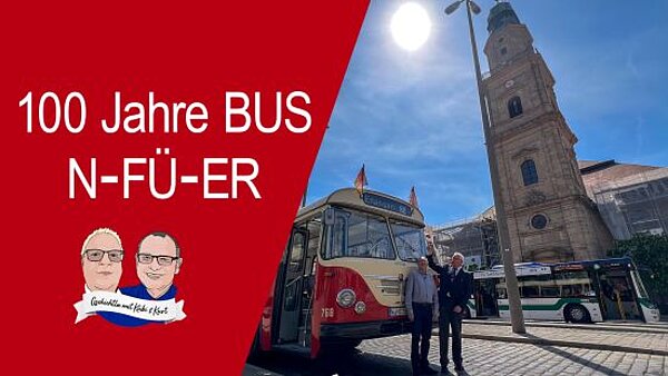 Kurt & Kübi mit einem Oldtimerbus am Hugenottenplatz in Erlangen