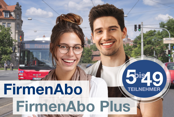 FirmenAbo ab 5 Junger Mann und junge Frau vor einem VAG-Bus