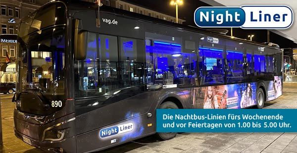 Bus mit NightLiner-Werbung auf der Verkehrsinsel vor dem Nürnberger Hauptbahnhof