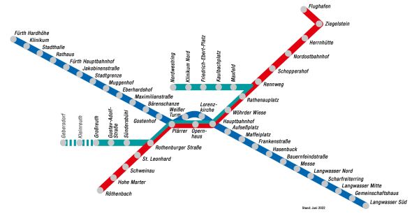 stilisiertes U-Bahn-Netz mit den Bauabschnitten der U3