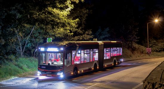 NightLiner-Bus nachts an der Haltestelle
