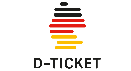 Umriss Deutschland in schwarz-rot-gelb mit Unterschrift D-Ticket