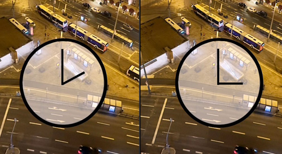 Zwei Bilder vom Nürnberger Bahnhofsvorplatz nebeneinander mit jeweils ein stilisierten darüber Uhr 