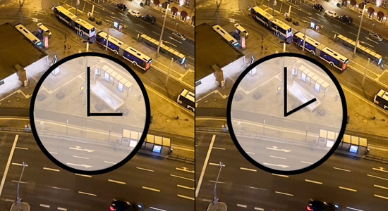 Zwei Bilder vom Nürnberger Bahnhofsvorplatz nebeneinander mit jeweils ein stilisierten darüber Uhr 